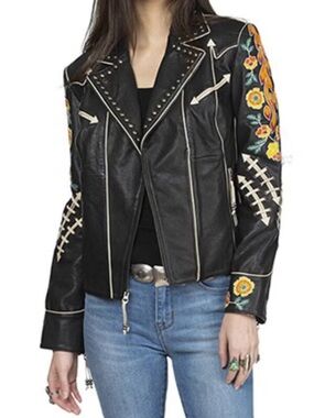 Double D Ranch Bakersfield Leather Moto Jacket with Floral Embroidery RTL $1295